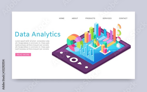 Data analitycs charts and research, information graphic icons in tablet web template vector illustration. Webpage or landing for data analytics and statistics marketing online. photo