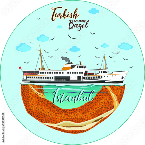 Istanbul Ferry illustration with istanbul silhouette. Traditional Turkish steamboat. Seagulls - Turkish traditional bagel simit. Cartoon vector illustration in flat style. Turkish Sesame Bagel