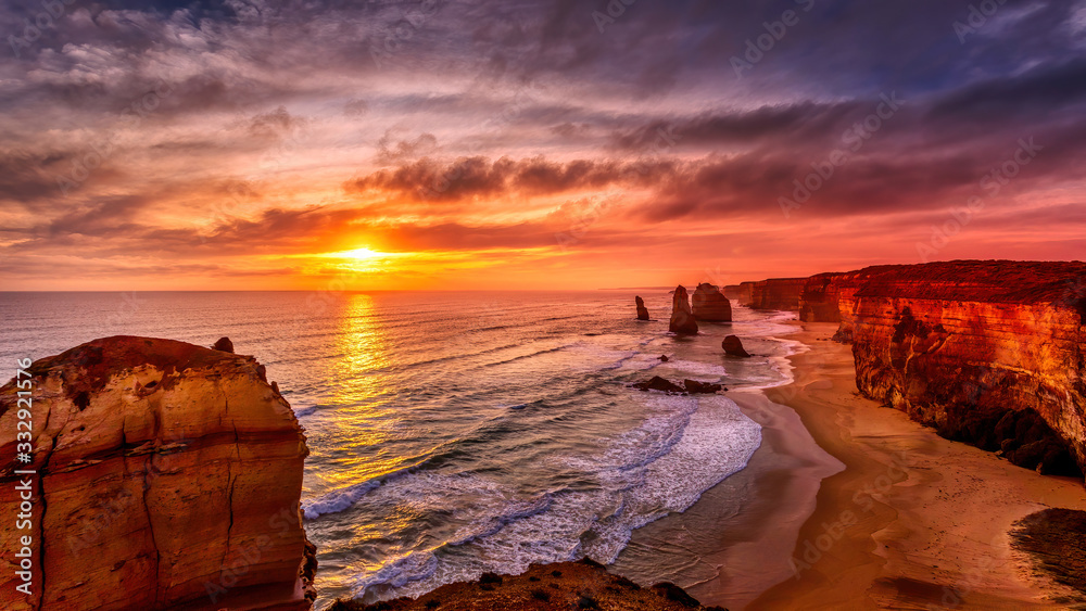 The twelve (12) Apostels, a rock formation at the Grand Ocean Road in New South Wales (NSW), Australia at sunset in summer. 