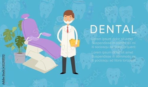 Dental doctor, stomatology cabinet for dental health care chair and stomatologist man cartoon vector illustration for dentist cabinet. Dental care poster for kids, funny dentistry.