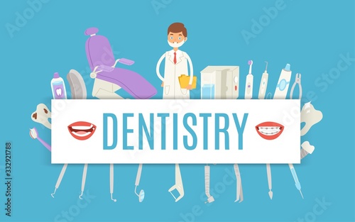 Dentistry with dental doctor, stomatology tools for dental health care chair and stomatologist man cartoon vector illustration for dentist cabinet. Dental care poster for kids, funny dentistry.