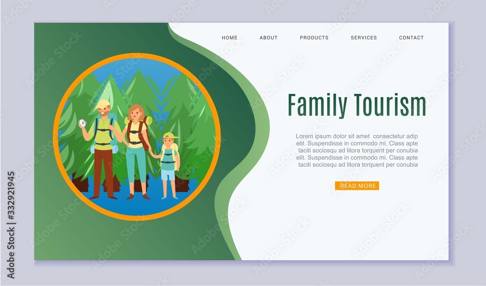 Family vacation tourism, father, mother and son tourists hikers traveling trekking with backpacks in forest cartoon website vector illustration. Family on vacation tour in nature webpage.