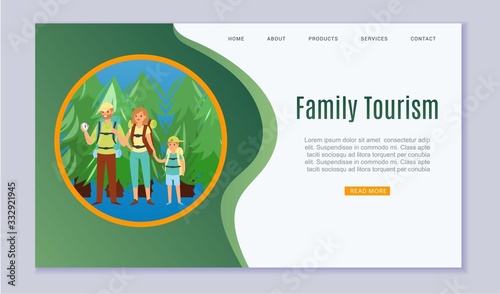 Family vacation tourism  father  mother and son tourists hikers traveling trekking with backpacks in forest cartoon website vector illustration. Family on vacation tour in nature webpage.