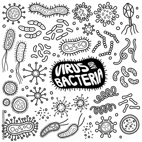 Viruses and Bacteria Black and White Doodle Illustration.