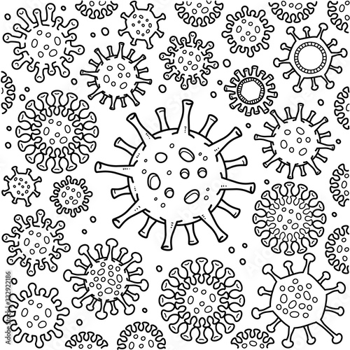 Coronavirus Black and White Doodle Illustration.