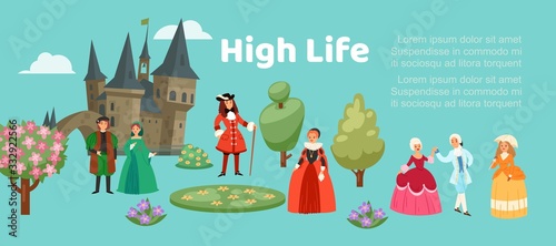 High life people in renaissance clothing woman man cartoon character in medieval fashion vintage dress historical clothes vector illustration. High life society costumes.