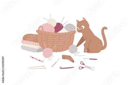 Knitting and kitten with threads, knitted scarf, cap, sweater, yarn balls and basket of wool cartoon vector illustration. Knitwear hand made with funny cat poster.