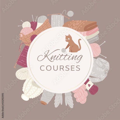 Knitting courses study circle banner with knitwear, kitten with threads, knitted scarf, cap, sweater, yarn balls and basket of wool cartoon vector illustration. Knitting course lesson workshop poster.