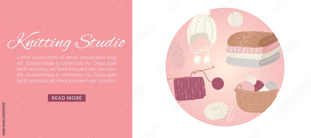Knitting studio web banner, knitwear with threads, knitted scarf, cap, sweater, yarn balls and basket of wool cartoon vector illustration. Knitting hand made studio and workshop webpage.