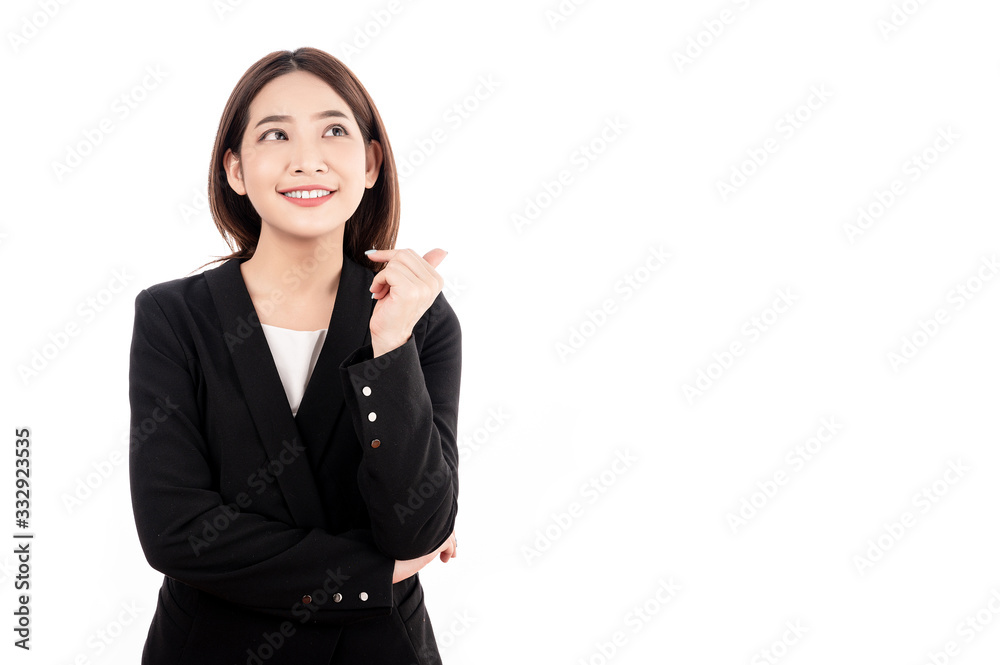 Asian businesswoman with black suit pretent thinking pose in white isolated background. Smart, confident, business, presenter concept. Asian businesswoman with black suit pretent thinking pose in white isolated background. Smart, confident, business, presenter concept.