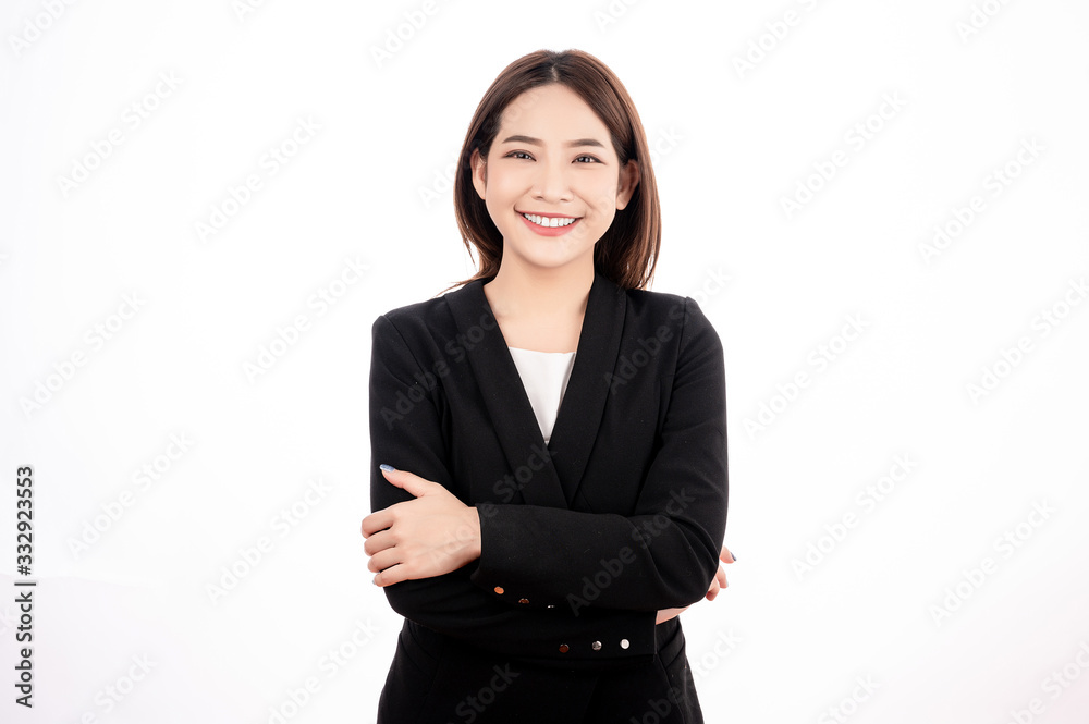 Asian businesswoman with black suit pretent crossed pose in white isolated background. Smart, confident, business, presenter concept. Asian businesswoman with black suit pretent crossed pose in white isolated background. Smart, confident, business, presenter concept.
