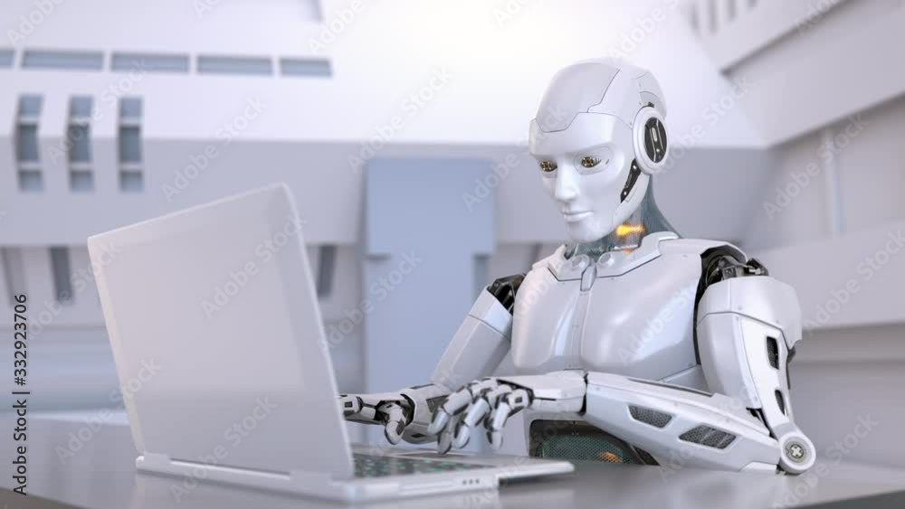 Robot using laptop studying online or working distantly. 3D animation Robot using laptop studying online or working distantly. 3D animation