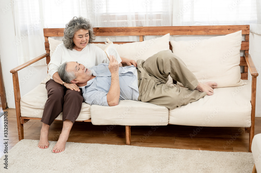 Asian elderly couple was sitting together in the living room reading a book . Health care , life style, pharmacy, medical, elder insurance after retire concept. Asian elderly couple was sitting together in the living room reading a book . Health care , life style, pharmacy, medical, elder insurance after retire concept.