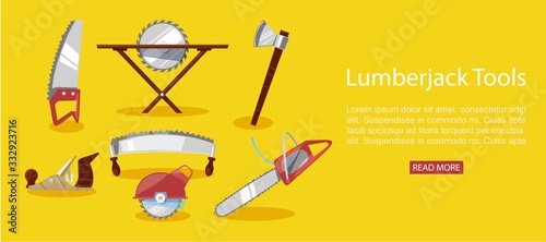 Timber industry vector illustration of lumberjack tools, chainsaw and axe, petrol chain saw web banner. Professional lumberjack instrument, working tool.