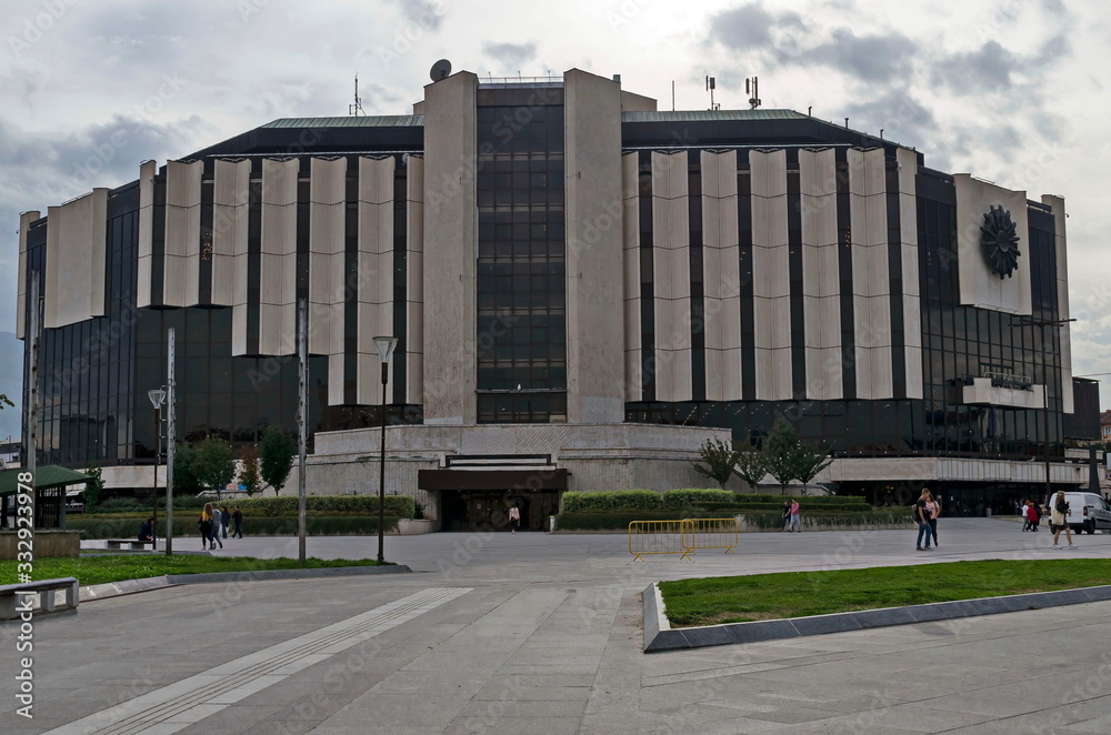 Facade of National Palace of Culture architectural landmark, largest multifunctional congress, conference, convention and exhibition centre in Sofia, Bulgaria  