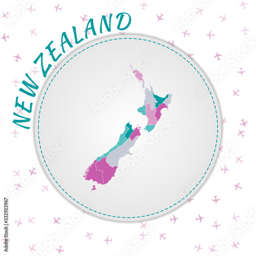 New Zealand map design. Map of the country with regions in emerald-amethyst color palette. Rounded travel to New Zealand poster with country name and airplanes background. Modern vector illustration.