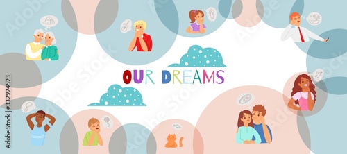 Our dreams, relaxed young and old people and children relaxing on clouds and dreaming about house, baby, car, yacht and shopping and vacation cartoon vector illustration. Future dreams and planning.