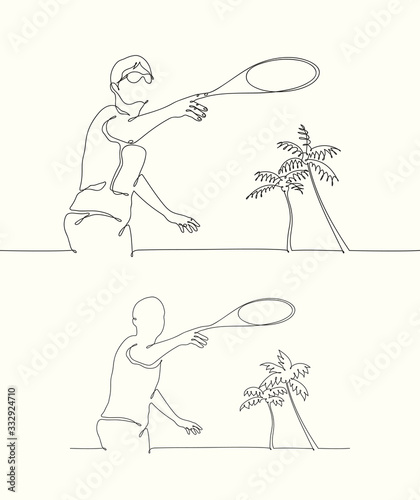 Summer beach game. Continuous line. Man with plate linear silhouette