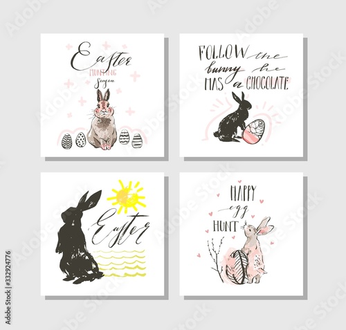 Hand drawn vector abstract graphic scandinavian collage Happy Easter cute illustrations greeting cards template collection set and Happy Easter handwritten calligraphy isolated on white background