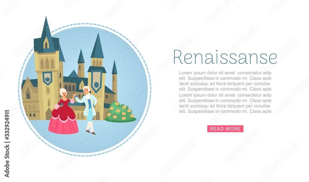 Renaissance clothing woman man character in wigs and medieval dress historical clothes and castle web banner vector illustration. Couple in medieval cloths dancing.