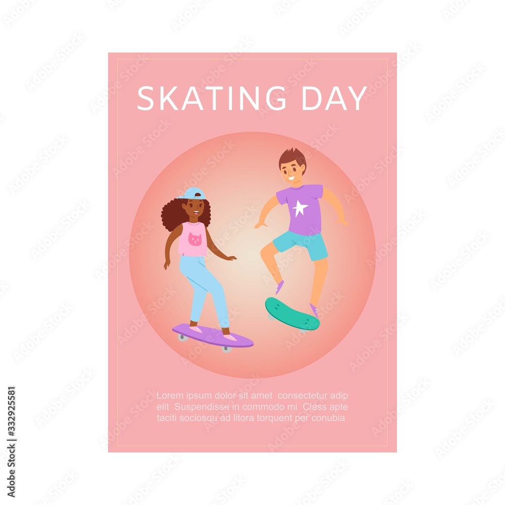 Scating day poster with teenager boy and girl skating on skateboard pink vector illustration. Skateboarding for different nationalities teenagers background. Scating day poster with teenager boy and girl skating on skateboard pink vector illustration. Skateboarding for different nationalities teenagers background.