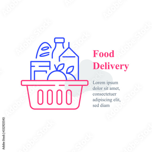 Full grocery basket, supermarket special offer, food purchase and delivery