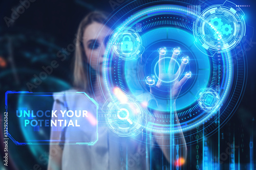 Wallpaper Mural Business, Technology, Internet and network concept. Young businessman working on a virtual screen of the future and sees the inscription: Unlock your potential Torontodigital.ca