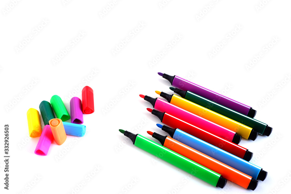 A set of colored markers. All colors of the rainbow. Office and school supplies.