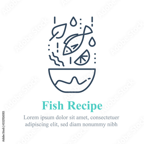 Delicious fish salad, seafood recipe, eat healthy food, full bowl, falling ingredients, nutritious diet