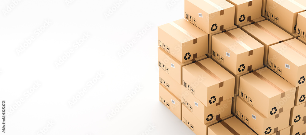 Cardboard boxes with empty space on left side, logistics and delivery concept. 3D Rendering Cardboard boxes with empty space on left side, logistics and delivery concept. 3D Rendering