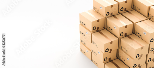 Cardboard boxes with empty space on left side, logistics and delivery concept. 3D Rendering
