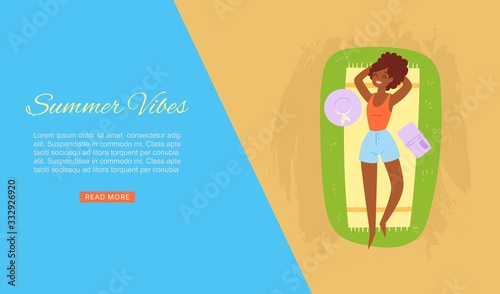 Summer vibes dark skinned girl taking sun bath on sea beach banner with ocean sand holiday elements vector illustration. Vacation on sea summer vibes beach poster.