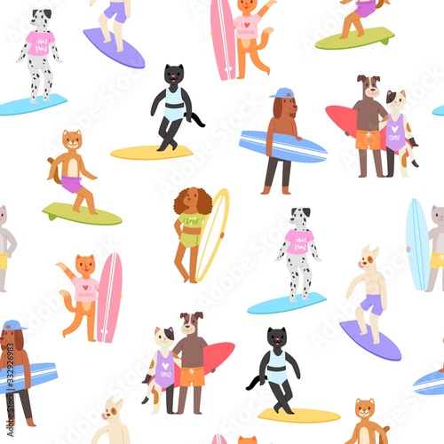 Funny animals are surfing in the sea on surfboard cartoon seamless pattern vector illustration. Cats and dogs characters surfers in ocean isolated on white background.