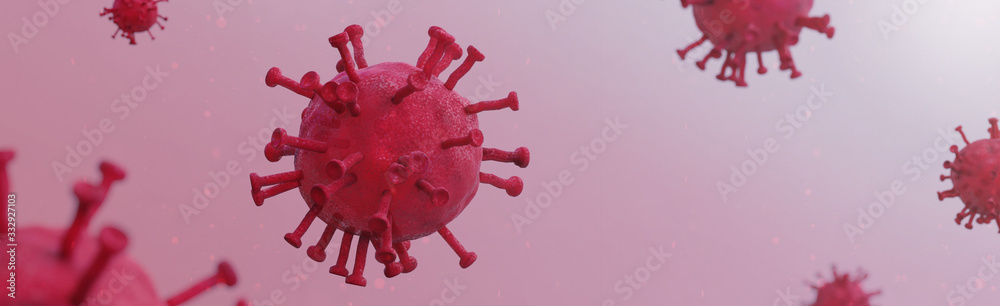 Corona viruses cells with red and purple color on pink white wall ...