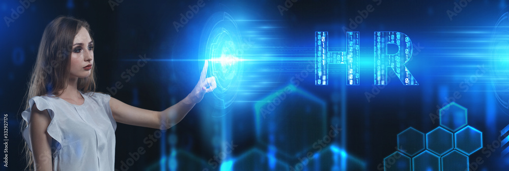 Business, Technology, Internet and network concept. Young businessman working on a virtual screen of the future and sees the inscription: HR