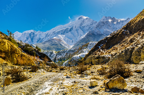 Himalaya mountain landscape in sunny winter day. Trekking route against snow covered Mt. Nilgiri in Kali Gandaki river valley, Annapurna circuit / Jomsom trek, Nepal.