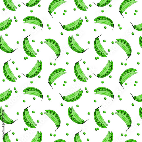 Stylized green peas on a white background. Fresh vegetables drawn linearly. 