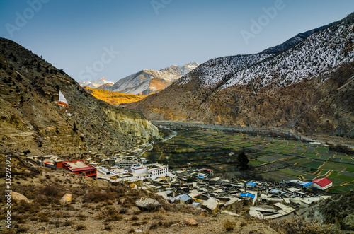 Top view of the Marpha village in sunny morning. Kali Gandaki valley, Annapurna circuit / Jomsom trek, Nepal. photo