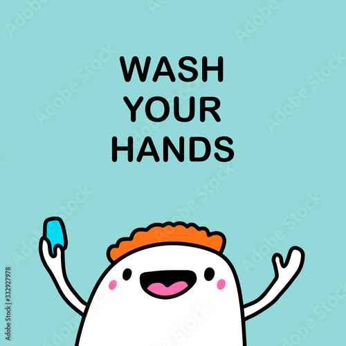 Wash your hands vector illustration in cartoon comic style man holding peace of soap hygiene while infection coronavirus covid-19