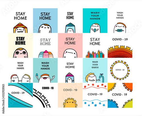 Covid-19 coronavirus set infection pandemic print poster hand drawn vector illustrations in cartoon comic style kawaii faces hygiene isolation