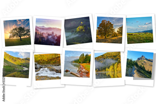 Photo collage with nature landscape photos. Mountains  lakes  trees  sunsets. Photography concept