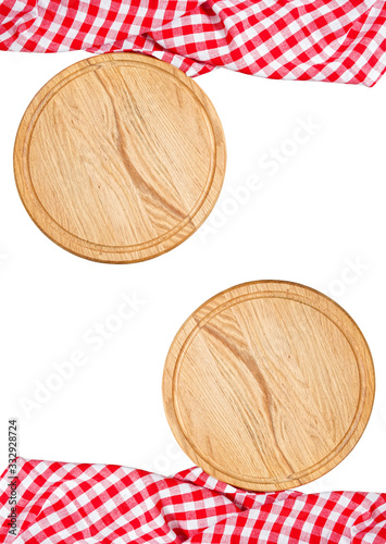 Empty wooden plate set top view tablecloth, set of empty cutting desk isolated on white background, food mock up concept, empty wooden desk mockup