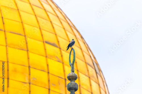 A crow sits on a Muslim symbol at the top of Dome of the Chain, against the backdrop of the Dome of the Rock on the Temple Mount in the Old Town of Jerusalem in Israel