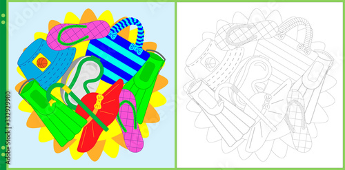 Summer objects. Vector illustration for antistress coloring book for children and adults. Page with a black and white contour version and with a color pattern
