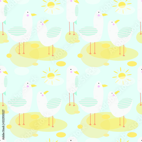 Seamless vector funny pattern with seagulls, sun and abstract shapes.Baby cute nautical illustration for fabric, invitations, wrapping paper, swimwear and other materials.