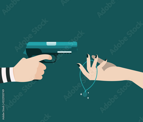 The thief is using a gun to threaten a woman to rob all of the women he has. Illustration about stealth.