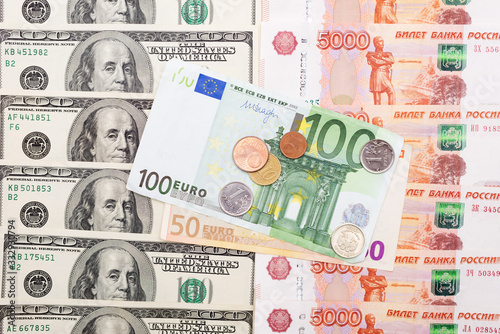 currency paper, banking and finance, saving money. Dollars, euros and rubles. Falling and rising exchange rate