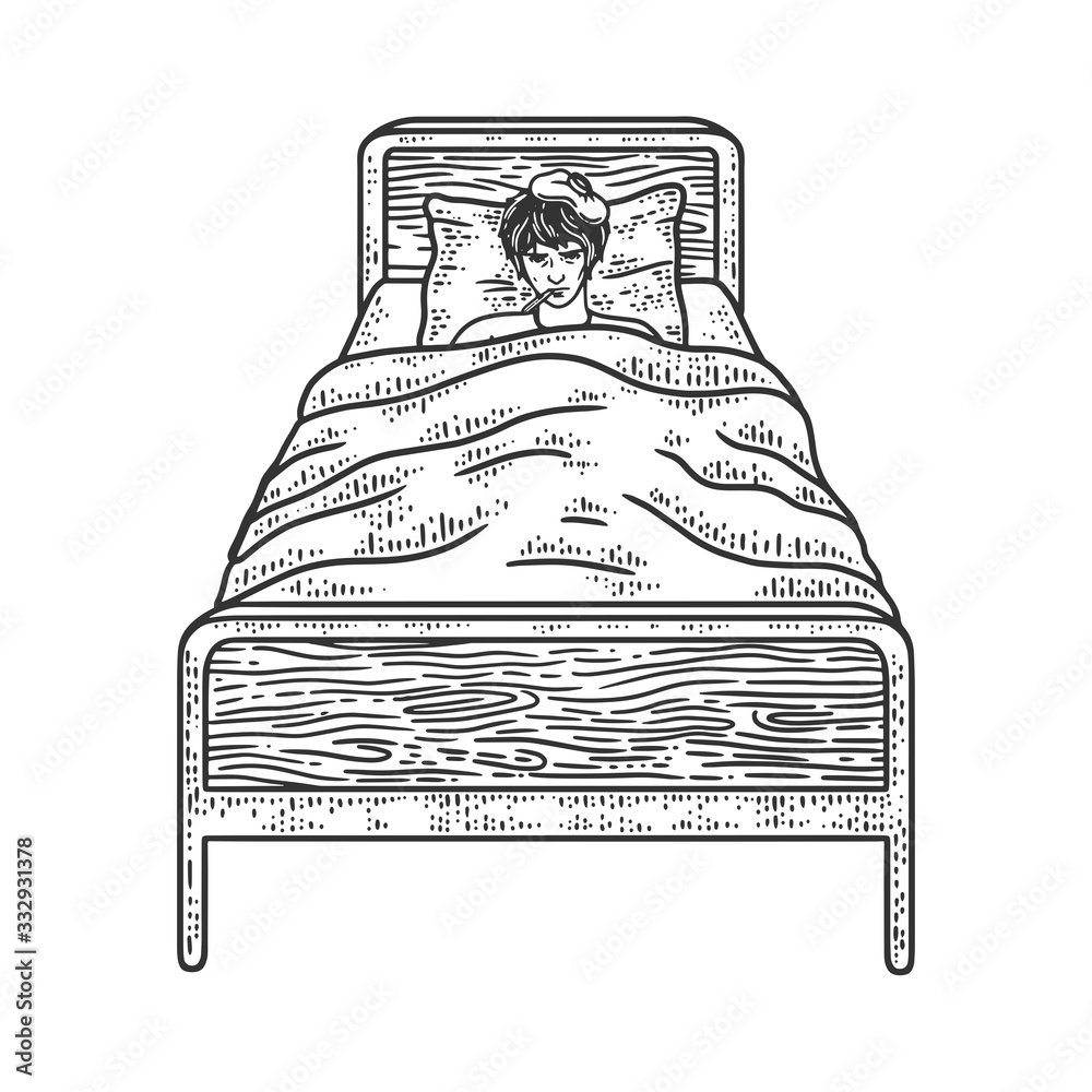 sick man lies in bed sketch engraving vector illustration. T-shirt