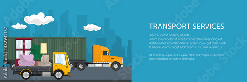Banner of road transport and logistics, cargo truck and yellow lorry with furniture go on the road, shipping and freight of goods, vector illustration