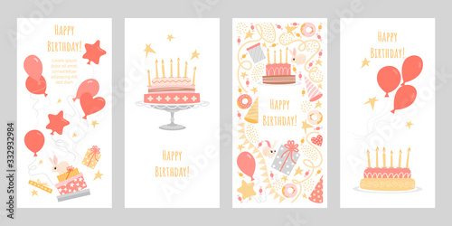 Set of birthday greeting cards with cakes, candles, gifts, balloons and other decorations.